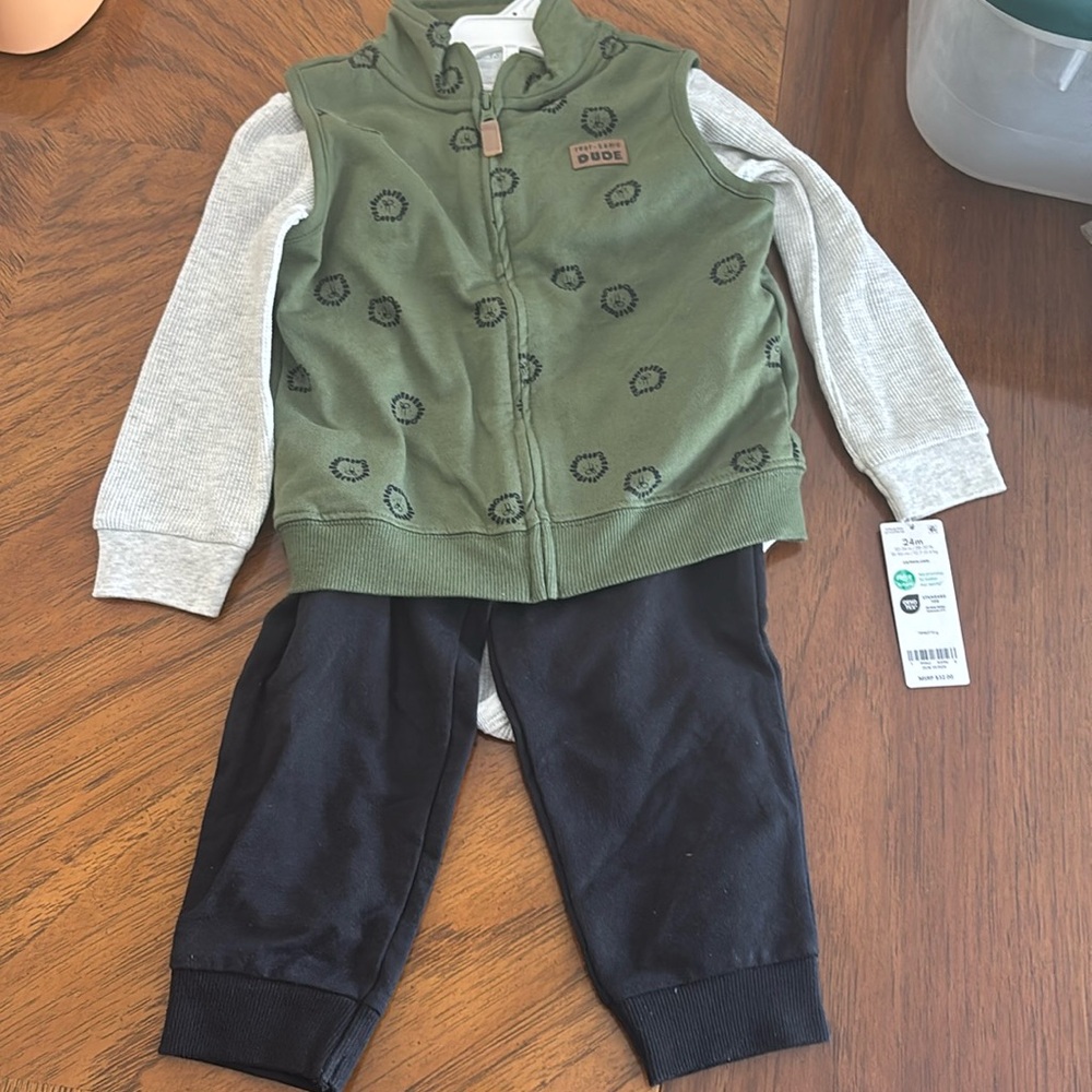 Carter’s boys 3-piece set; long sleeved onesie, vest, pants; 24 months